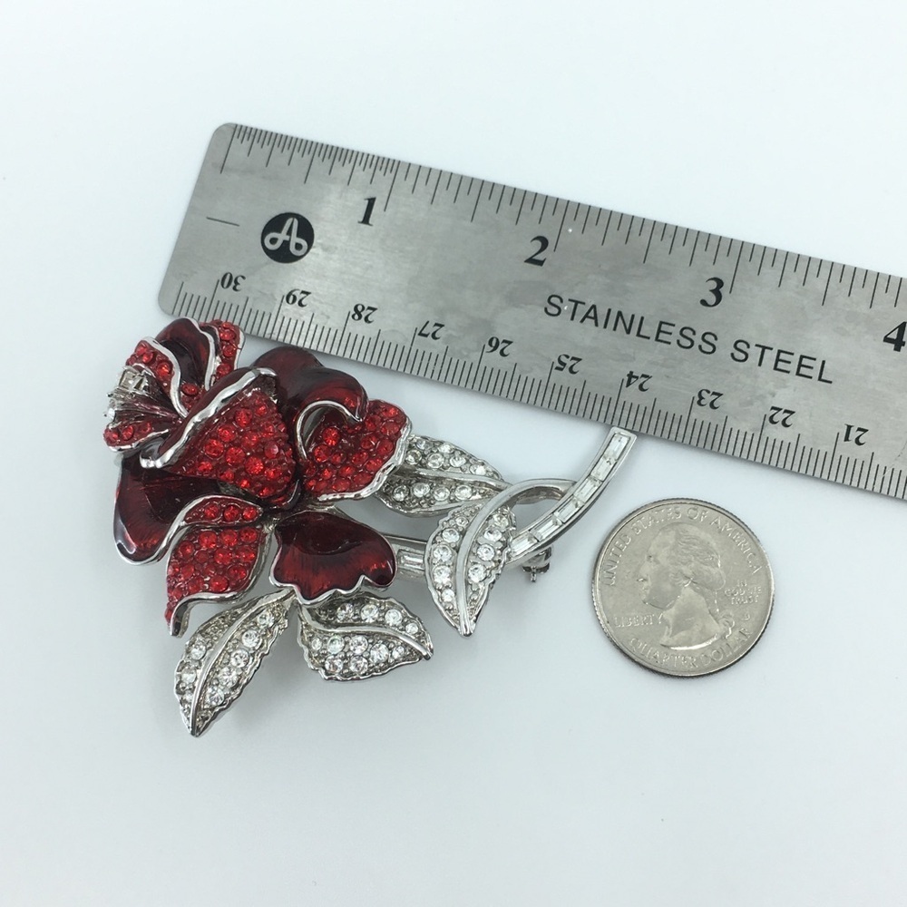 Vintage Nolan Miller Rhinestone Enamel Red Rose Brooch Pin Silver Tone Romantic - Picture 6 of 11